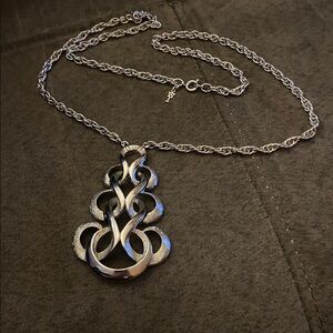 Vintage Signed Crown Trifari Silver-Tone Mod Scrolled Pendant Necklace VTG